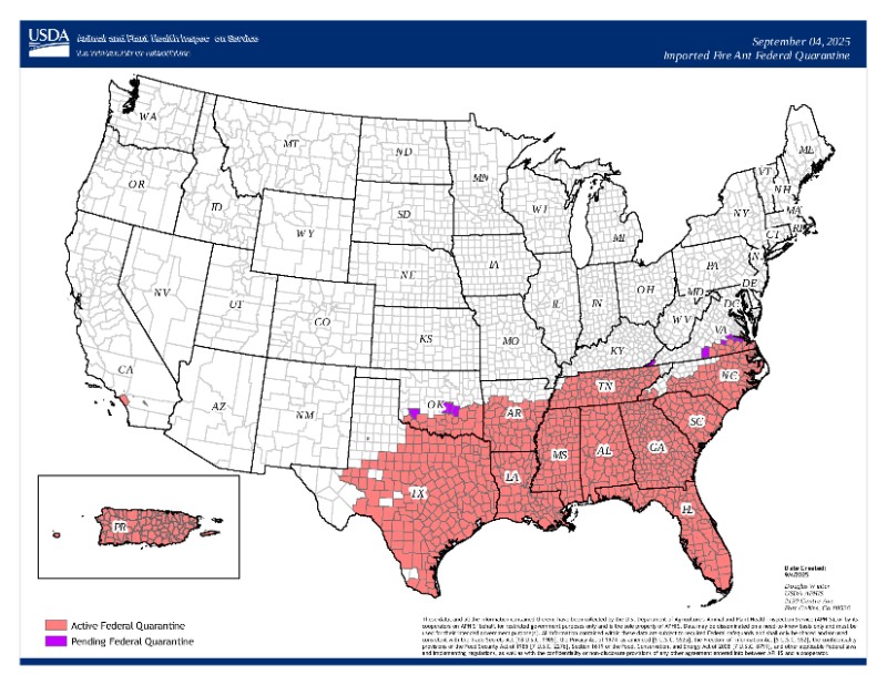 Map of U.S. showing active and pending federal quarantines for imported fire ants, highlighting affected counties and states in red/purple.