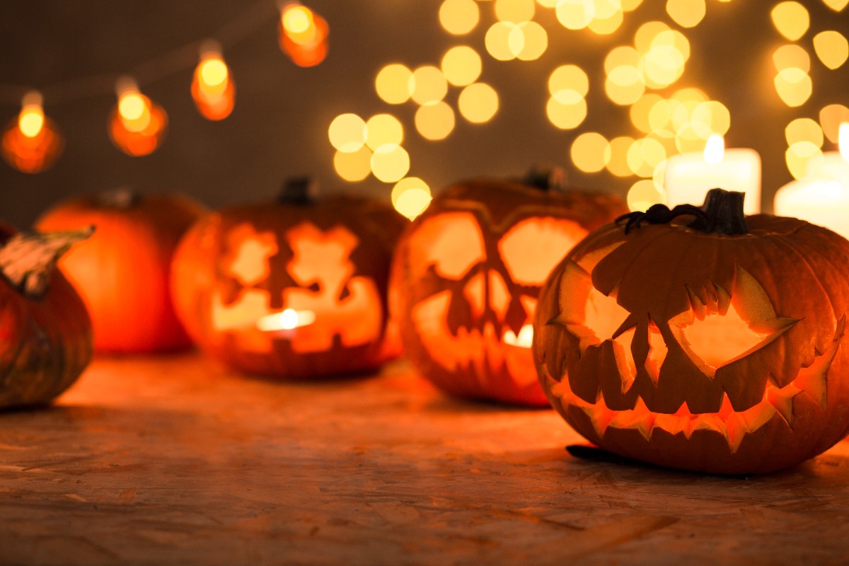 Carved pumpkins glow in a night scene.