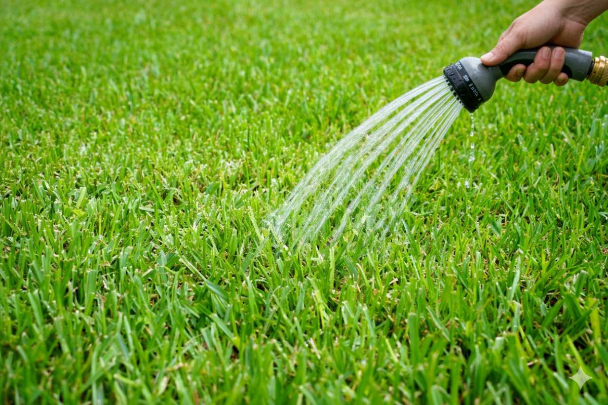 Hand watering St. Augustine grass with a garden hose nozzle, providing hydration to maintain a healthy, lush, and green lawn.