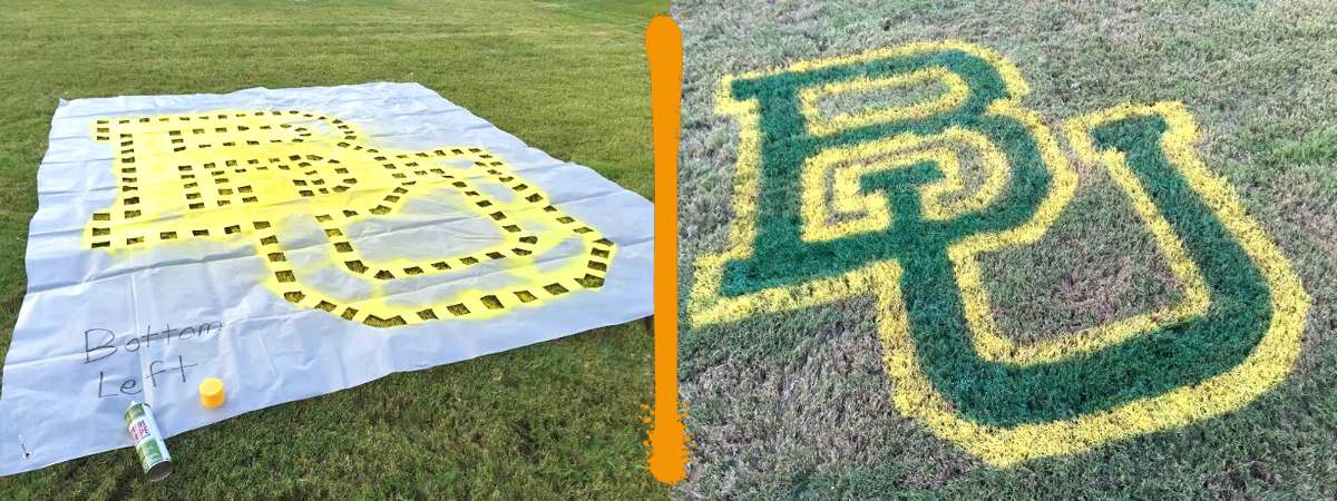A combined image shows a stencil for a Baylor lawn painting on the left, and the completed green and yellow "BU" logo on the right.