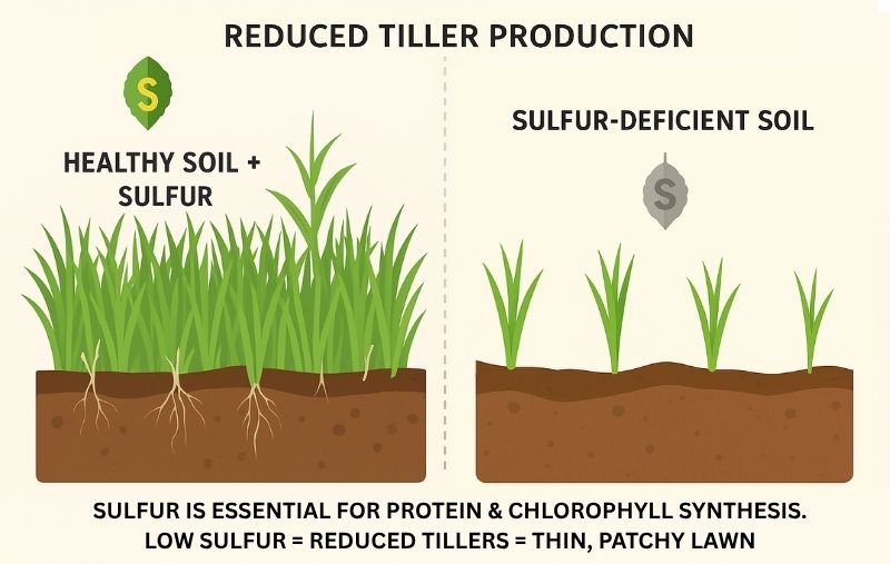 Infographic showing healthy grass in sulfur-rich soil versus sparse grass in sulfur-deficient soil, explaining sulfur’s role in protein and chlorophyll production.