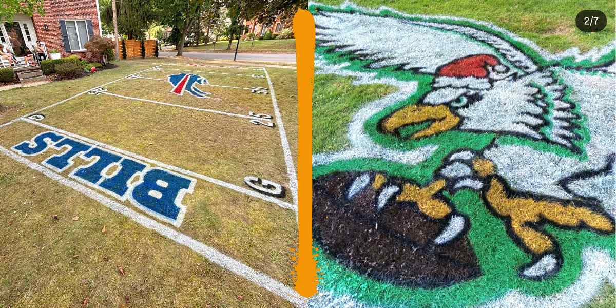 A combined image shows a lawn painting of a small football field decorated with Bills logos on the left and a closeup of a throwback Philadelphia Eagles logo wearing a Santa hat.