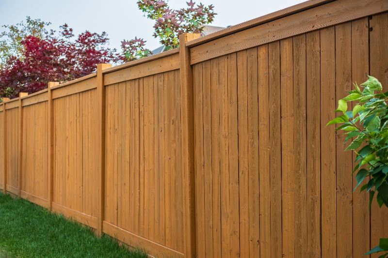 Tall wooden privacy fence separating two yards with green grass and autumn trees in the background on a suburban property line.