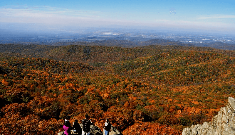 A view of the rolling hills of the Blue Ridge Mountains in fall from the top of Humpback Rock in Virginia
