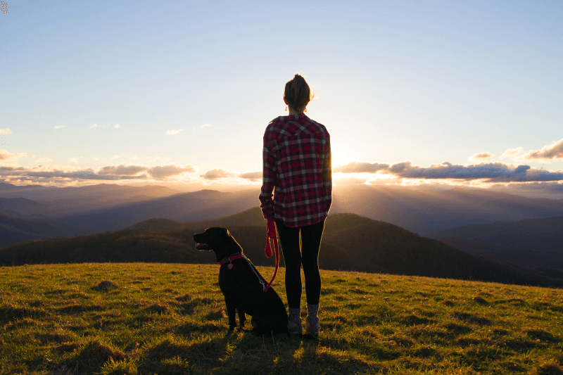 Woman walking a dog looking out to the mountains in North Carolina