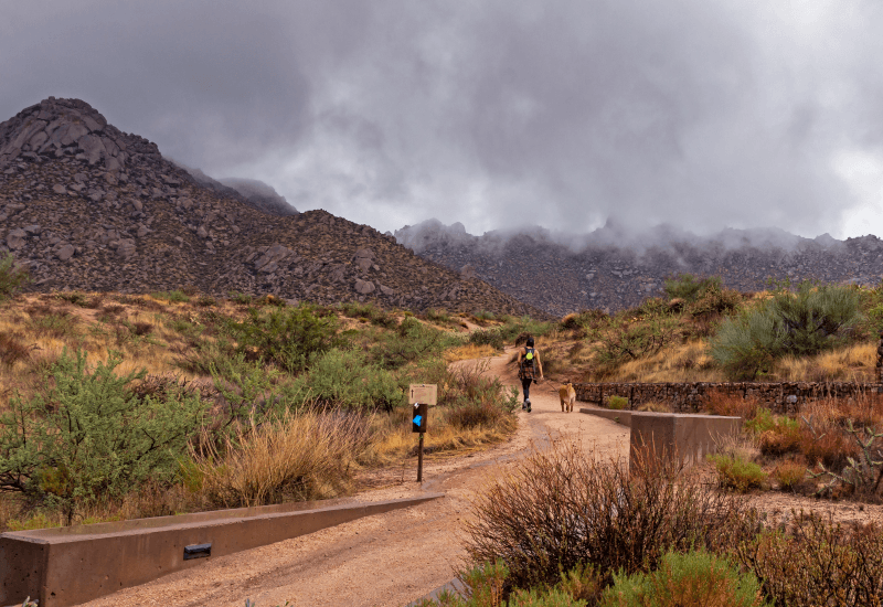Woman hiking with dog on Tom’s Thumb Trail, Scottsdale, Arizona