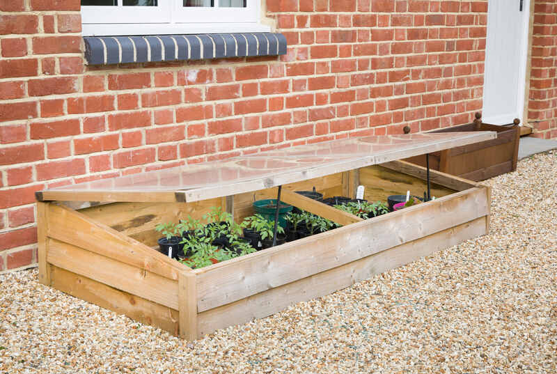 A wooden structure with an open bottom and clear top protects vulnerable plants from a freeze.