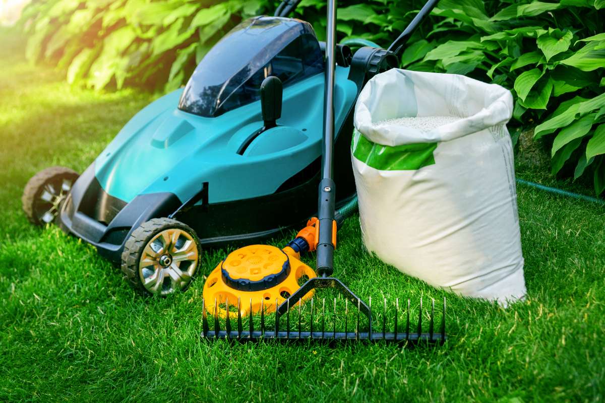 Electric lawn mower, rake, fertilizer spreader and open bag of granules arranged on lush green grass, symbolizing seasonal lawn care.