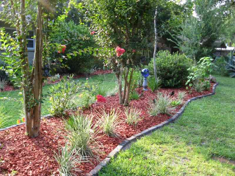 nicely mulched bed in a landscaped backyard