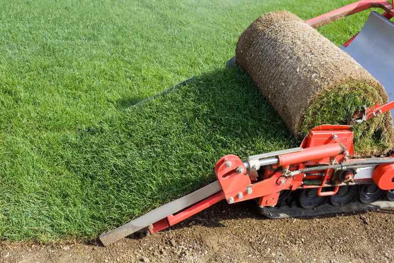 Sod cutter machine cutting and rolling fresh turf onto prepared soil, showing grass roll, blade, tracks, and newly laid lawn.