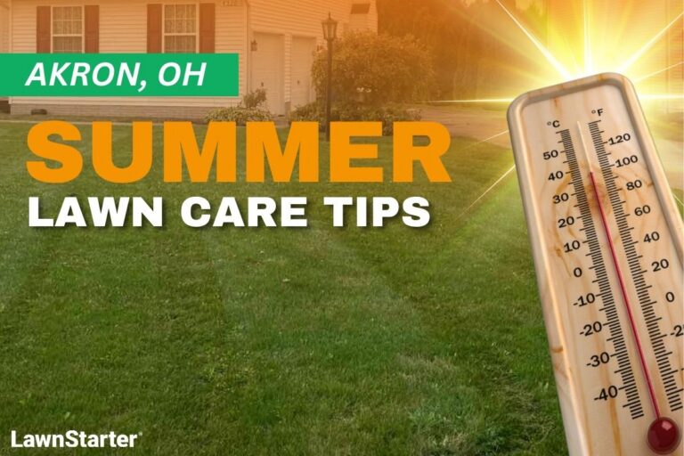 A house with a manicured lawn on an illustrated image with a thermometer and sunburst depicting summer heat.