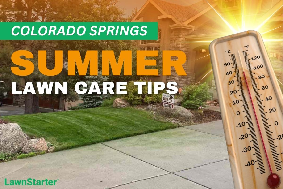 A house with a manicured lawn on an illustrated image with a thermometer and sunburst depicting summer heat.