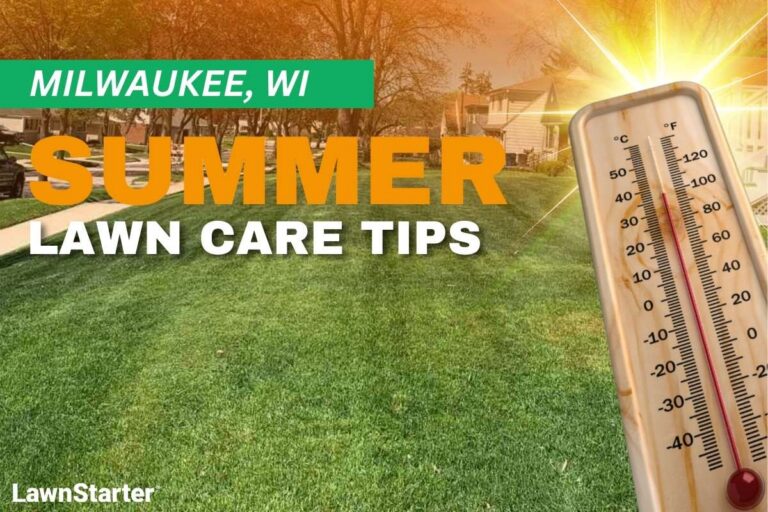 A house with a manicured lawn on an illustrated image with a thermometer and sunburst depicting summer heat.