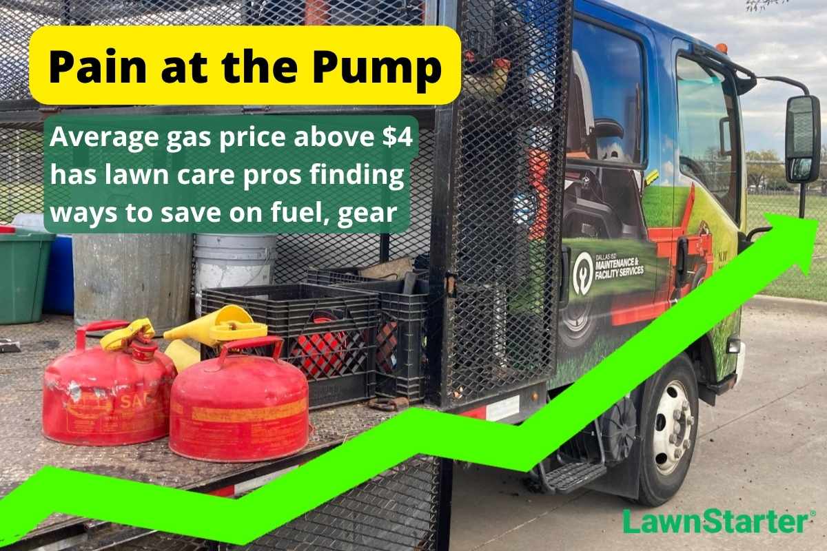 Lawn care truck with gas cans with Pain at the Pump text overlay
