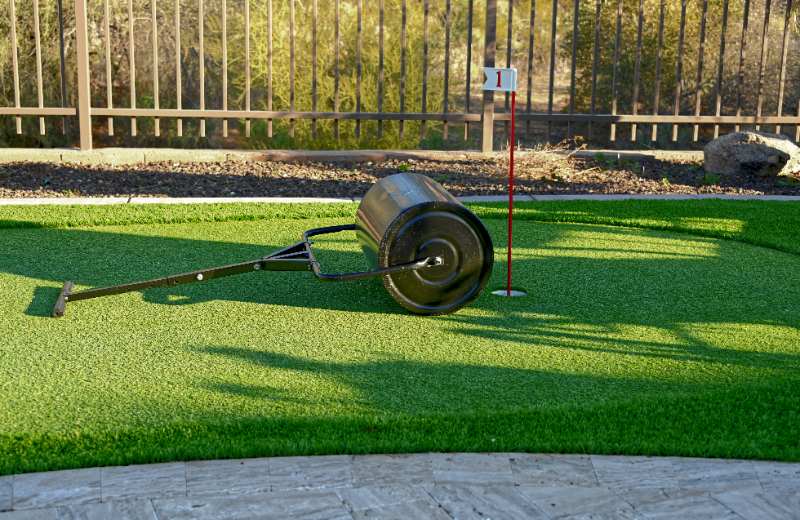 A lawn roller sits beside a hole flag on a backyard putting green, illustrating a golf-style practice homeowners should avoid.