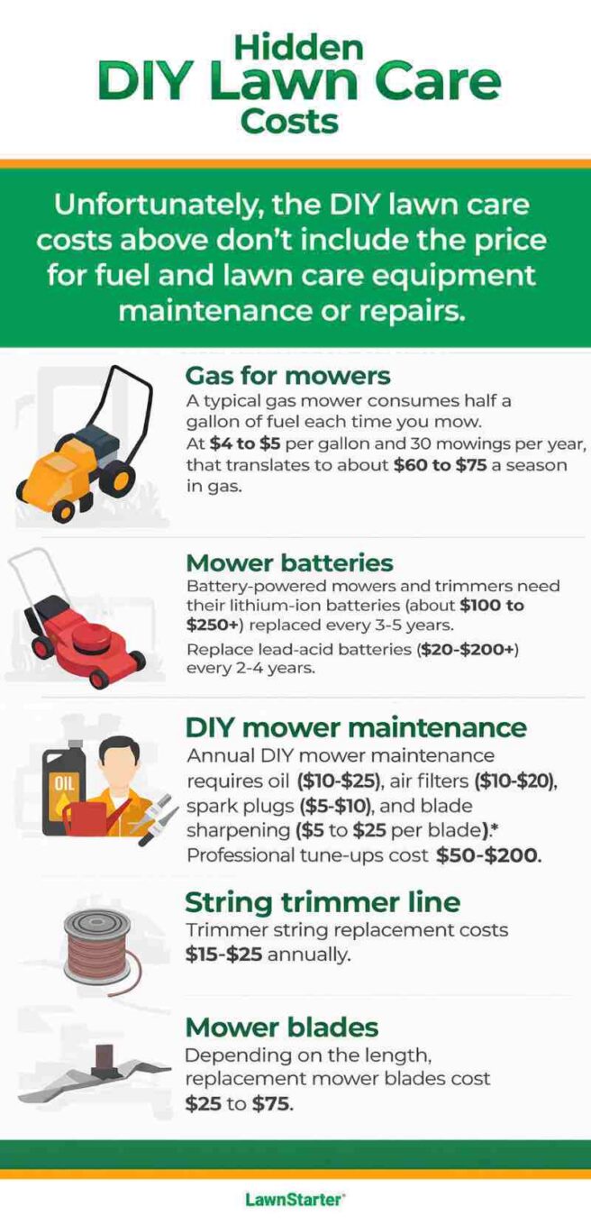 Infographic titled “Hidden DIY Lawn Care Costs” listing additional expenses such as gas for mowers, mower batteries, DIY maintenance, string trimmer line, and mower blades, with estimated price ranges and illustrations for each item.