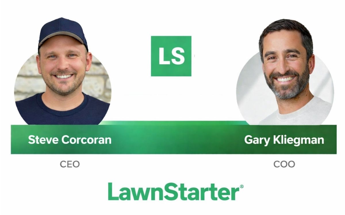 Steve Corcoran, CEO, and Gary Kleinman, COO, side by side in circular portraits above LawnStarter branding and a green banner.