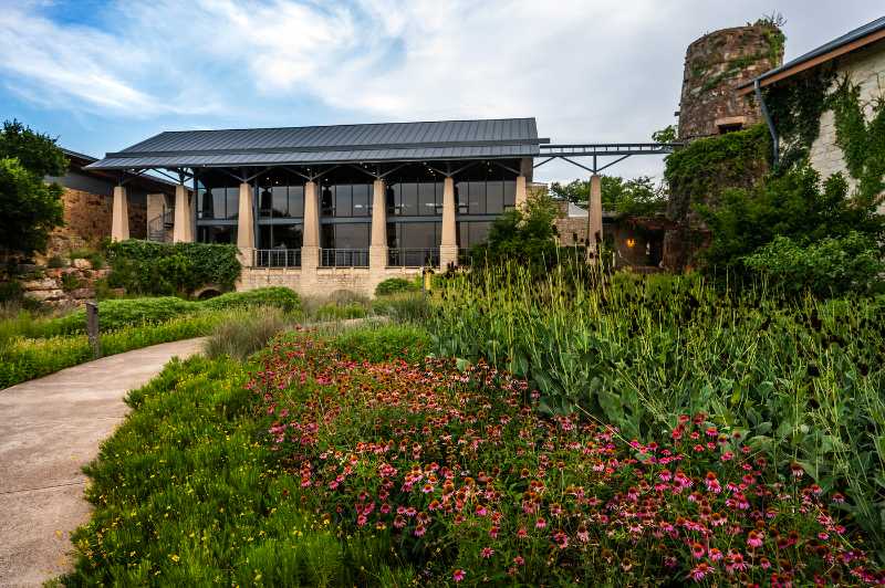Lady Bird Johnson Wildflower Center with curving path, blooming meadow, tall native plants, and modern stone building beneath a streaked sky.