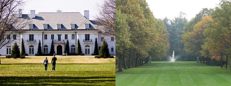 Side by side image of Oldfields at Newfields, looking toward Lilly House and Reverse view down the Grand Allée toward the fountain.