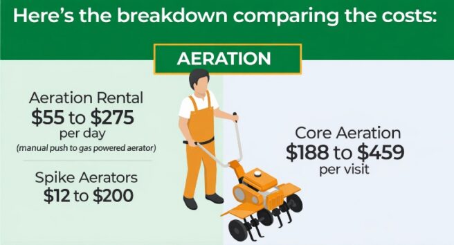 Infographic comparing the costs of DIY versus professional lawn aeration, showing prices for renting aerators or buying spike aerators for DIY, and core aeration service rates for hiring a professional.