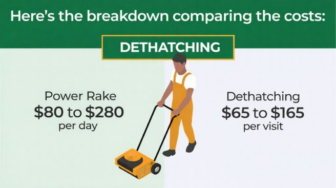 Infographic comparing DIY versus professional dethatching costs, showing power rake rental prices for DIYers and per-visit rates for professional dethatching services.