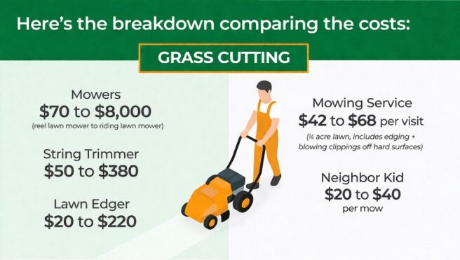 Infographic comparing the costs of DIY versus professional grass cutting, showing equipment prices like mowers, string trimmers, and edgers for DIYers, versus rates for hiring a mowing service or a neighbor kid.