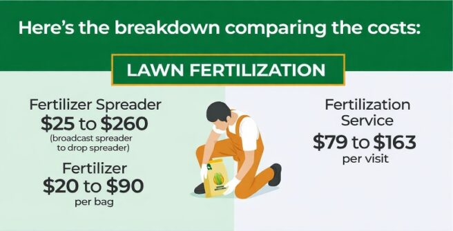 Infographic comparing DIY versus professional lawn fertilization costs, showing price ranges for fertilizer spreaders and fertilizer for DIYers, versus fertilization service costs for those who hire a pro.