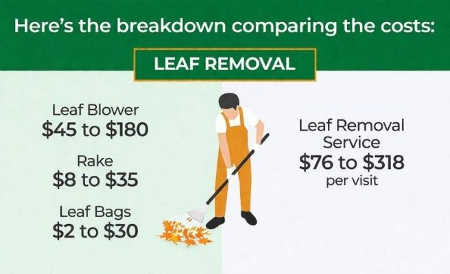 Infographic comparing the cost of DIY leaf removal versus hiring a pro, showing typical expenses for equipment like leaf blowers, rakes, and bags, alongside professional service costs ranging from $165 to $485 per visit.