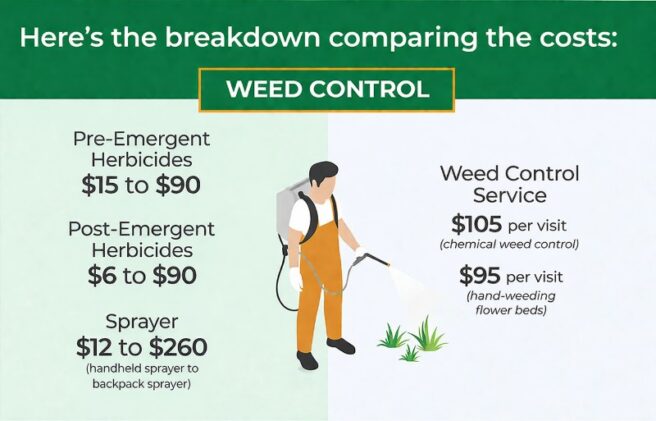 Infographic comparing the cost of DIY lawn care versus hiring a professional, detailing equipment investments, service fees, and specific weed control costs such as herbicides and sprayers for DIY, versus per-visit charges for pros.