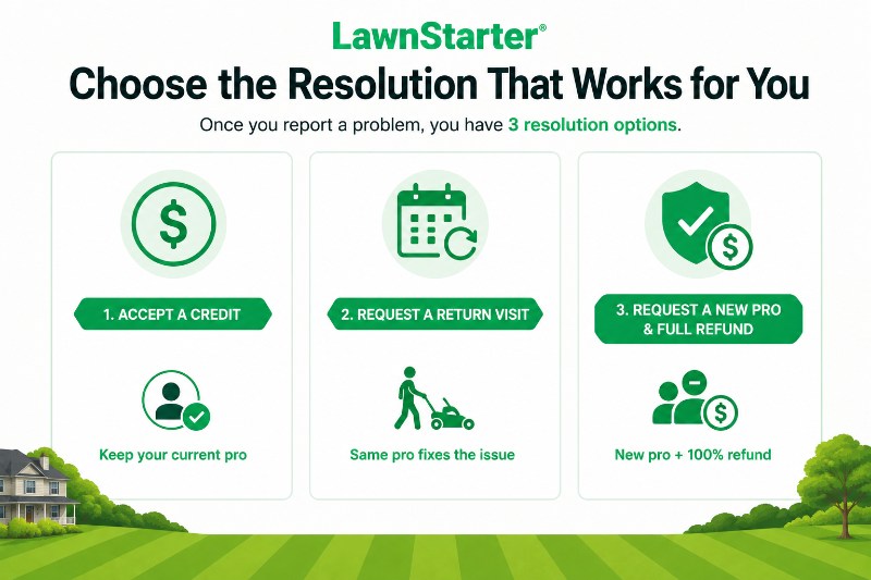 LawnStarter dispute resolution infographic showing three customer options: account credit, return visit, or new pro with refund.