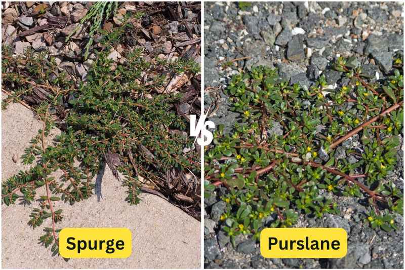 Side-by-side comparison of spurge and purslane weeds, showing different leaf shapes, stem colors, and low-growing habits on pavement.