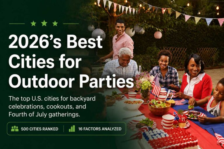 A multi-generational Black family gathered around a festive Fourth of July backyard barbecue table with headline: 2026's Best Cities for Outdoor Parties