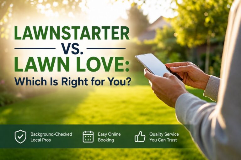 Person using a smartphone in a sunny backyard with promotional text comparing LawnStarter and Lawn Love lawn care services.