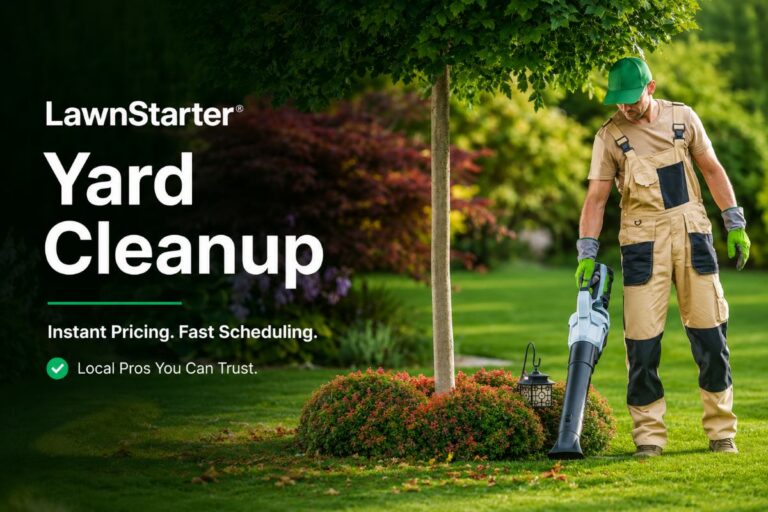 LawnStarter yard cleanup banner showing a landscaper using a leaf blower on a green lawn with service pricing message.