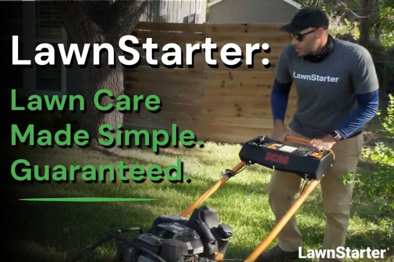 LawnStarter Pro Justin Stultz mowing a residential yard. LawnStarter: Lawn Care Made Simple. Guaranteed.