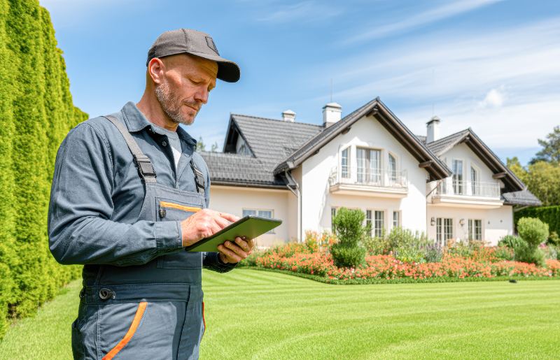 Professional lawn care worker reviewing property details on a tablet in front of a residential home and maintained lawn.