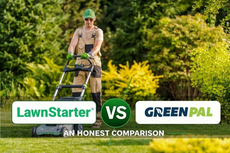 LawnStarter versus GreenPal comparison graphic featuring a lawn care professional mowing grass, highlighting two lawn service marketplaces.