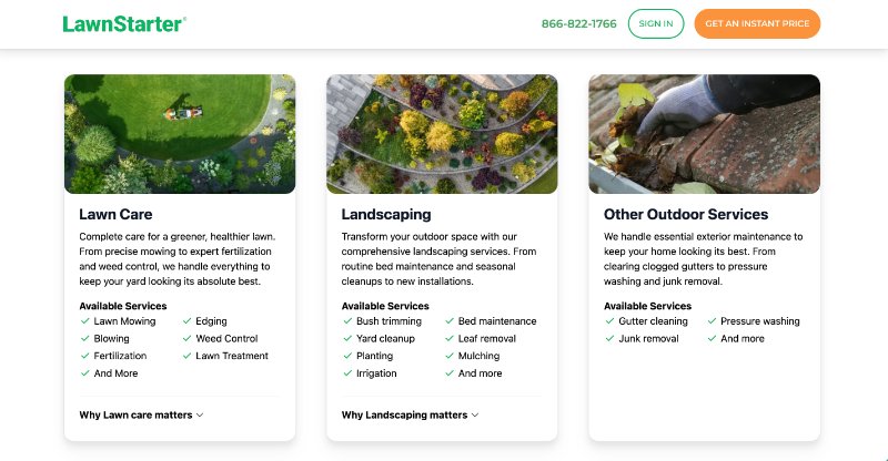 LawnStarter services on homepage