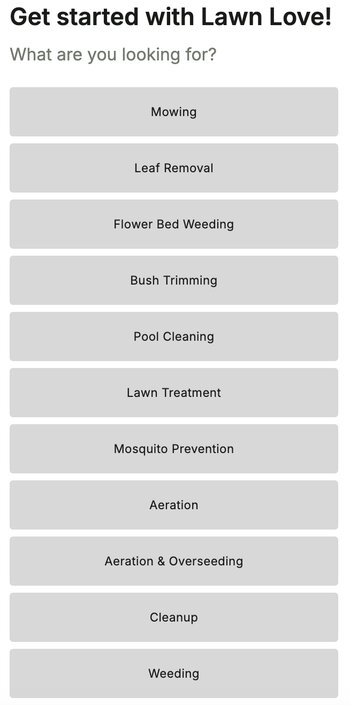 Screenshot of Lawn Love's services (current as of 7/17/2026)