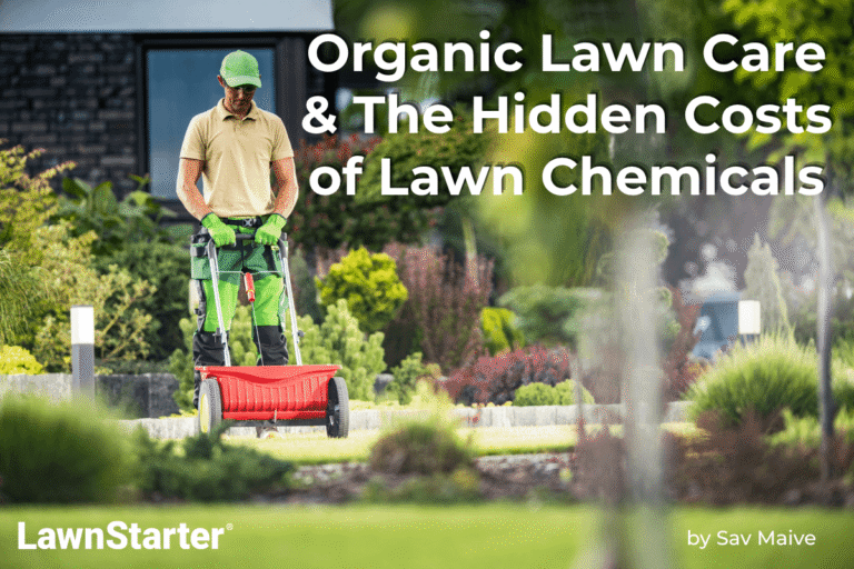 A lawn care pro uses a push spreader to add fertilizer to a front yard