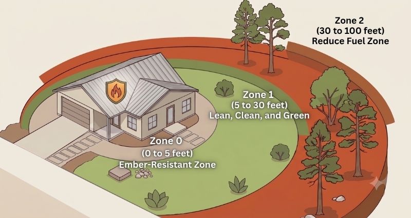An illustrated infographic titled "Complete Home Wildfire Defense Guide" showing a bird's-eye view of a home with three concentric defensible space zones