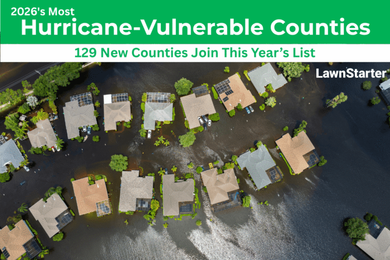 Flooded houses in a Florida neighborhood after a hurricane, with lawns totally submerged