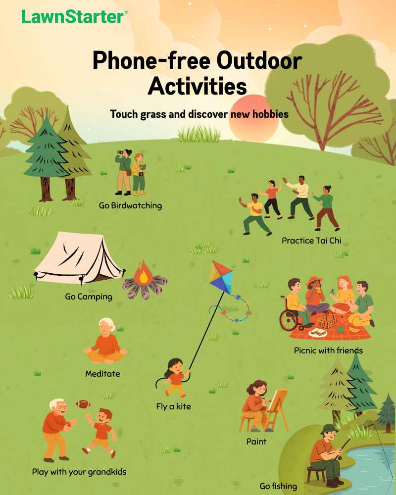 A LawnStarter illustrated infographic titled "Phone-free Outdoor Activities" with the subtitle "Touch grass and discover new hobbies," featuring cartoon scenes of eight activities on a green lawn: go birdwatching, practice tai chi, go camping, picnic with friends, meditate, fly a kite, play with your grandkids, paint, and go fishing.