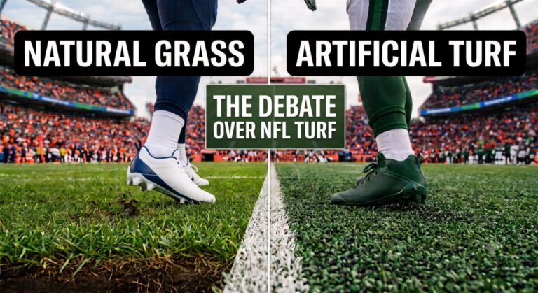 A split-image comparison showing a football player's cleats standing on natural grass on the left and artificial turf on the right, with bold text labels reading