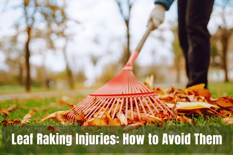 A close-up of a red leaf rake gathering a pile of fallen autumn leaves on a lawn, with a gloved hand holding the rake handle, overlaid with the text