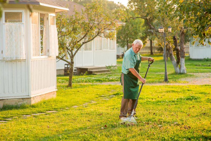 An elderly man wearing an apron rakes the leaves in a sunlit yard.
