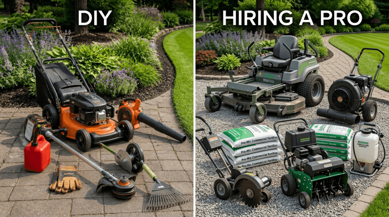 A split-screen comparison showing basic DIY lawn care tools like a push mower and trimmer on the left, versus professional-grade equipment like a zero-turn mower, fertilizer bags, and aerator on the right.