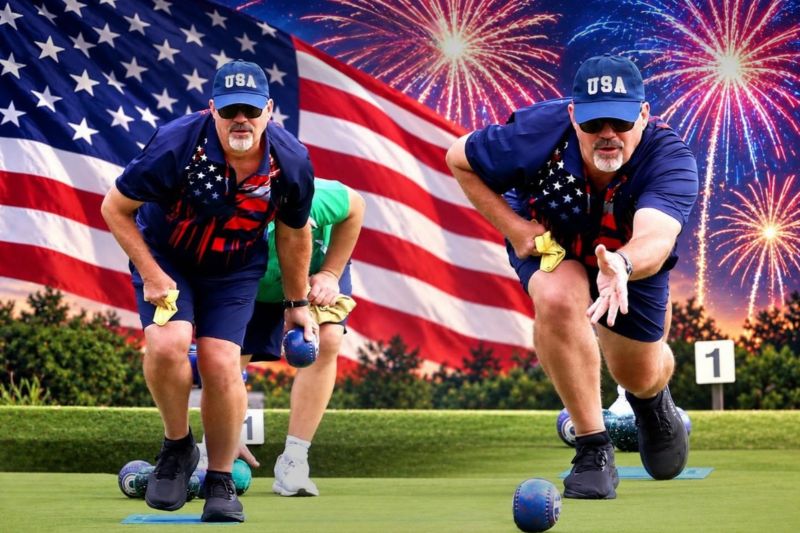 A composite image of a bowler in a USA cap, sunglasses, and navy flag-print shirt, shown in two bowling poses on a green, with a bowler in green behind and an American flag and fireworks as the backdrop.