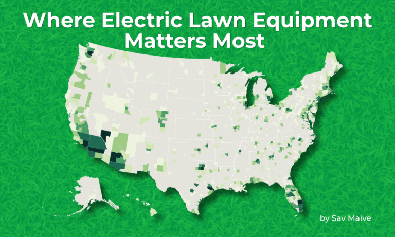 A map highlighting the counties where electric lawn equipment could have the biggest impact on local air quality.