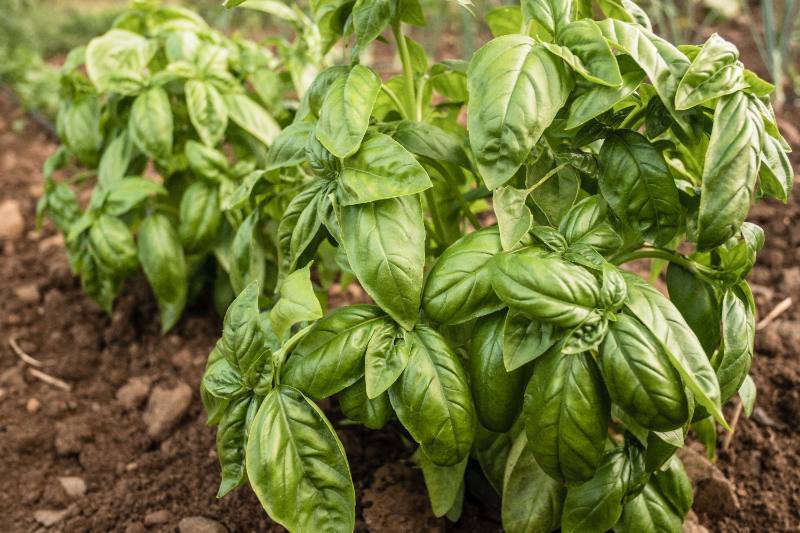 Fresh basil plants growing in dark garden soil, with broad green leaves useful for cooking and companion planting.